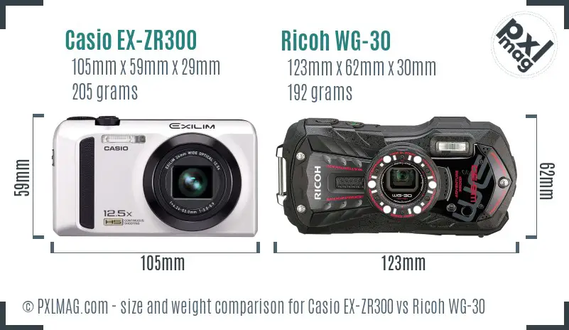 Casio EX-ZR300 vs Ricoh WG-30 size comparison