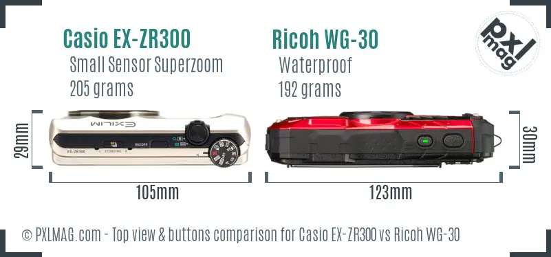 Casio EX-ZR300 vs Ricoh WG-30 top view buttons comparison