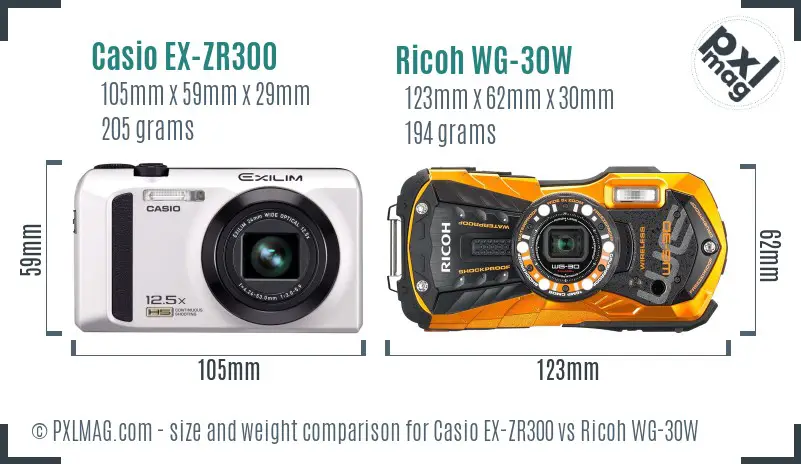 Casio EX-ZR300 vs Ricoh WG-30W size comparison