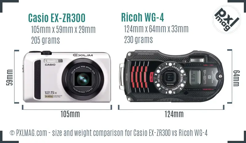 Casio EX-ZR300 vs Ricoh WG-4 size comparison