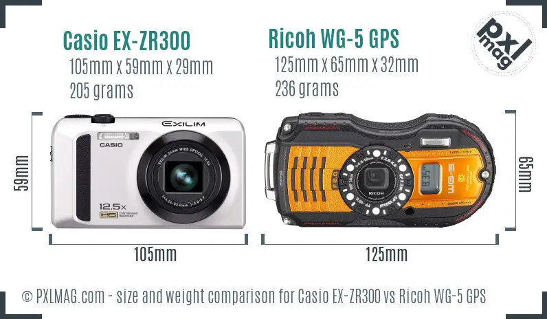 Casio EX-ZR300 vs Ricoh WG-5 GPS size comparison