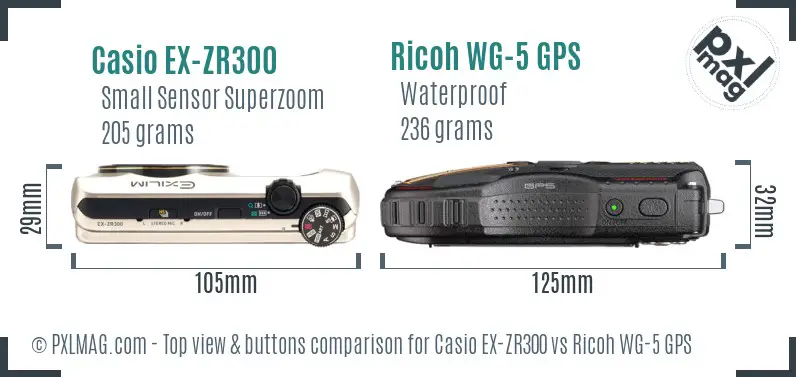 Casio EX-ZR300 vs Ricoh WG-5 GPS top view buttons comparison