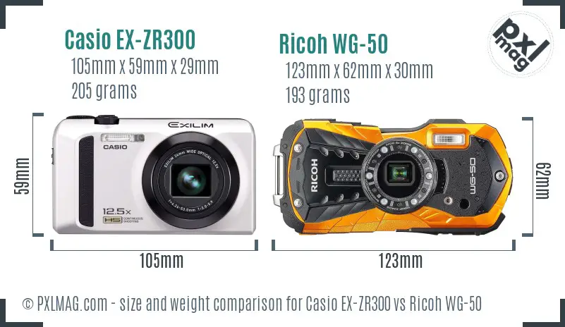 Casio EX-ZR300 vs Ricoh WG-50 size comparison Casio EX-ZR300 vs Ricoh WG-50 size comparison