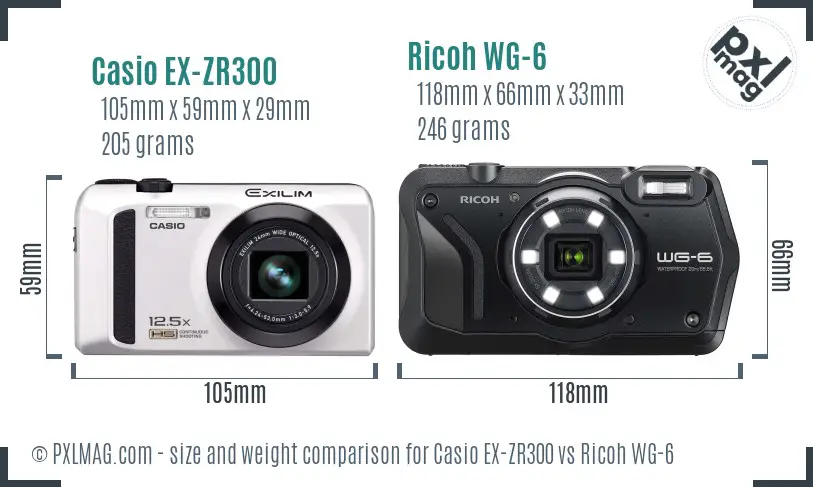 Casio EX-ZR300 vs Ricoh WG-6 size comparison