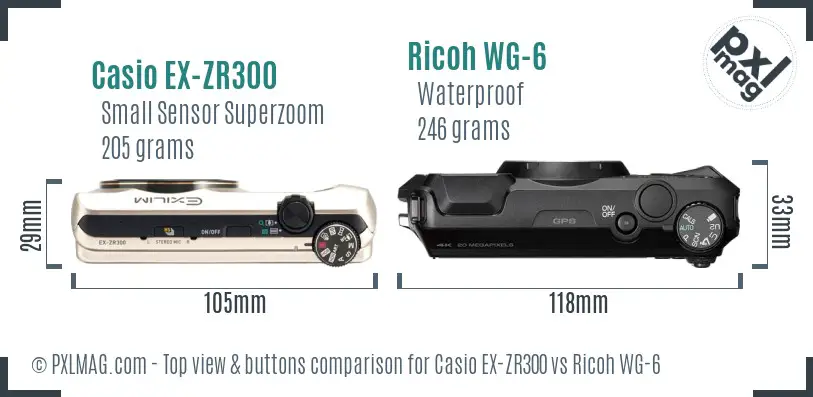 Casio EX-ZR300 vs Ricoh WG-6 top view buttons comparison