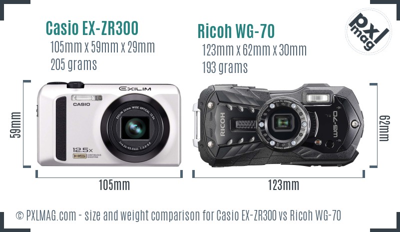 Casio EX-ZR300 vs Ricoh WG-70 size comparison