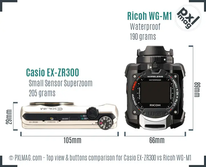 Casio EX-ZR300 vs Ricoh WG-M1 top view buttons comparison