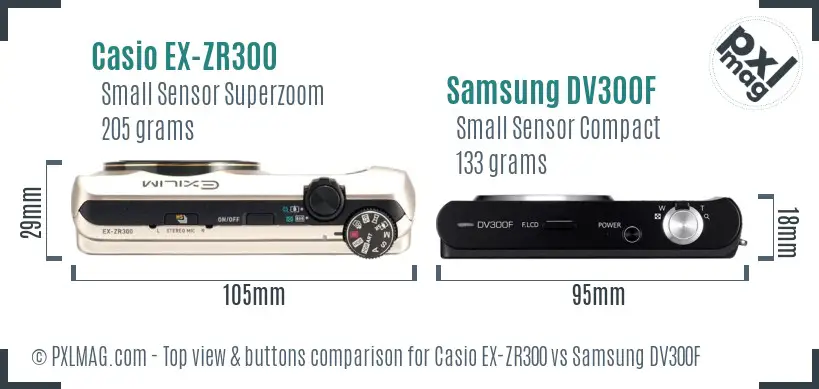 Casio EX-ZR300 vs Samsung DV300F top view buttons comparison Casio EX-ZR300 vs Samsung DV300F top view buttons comparison