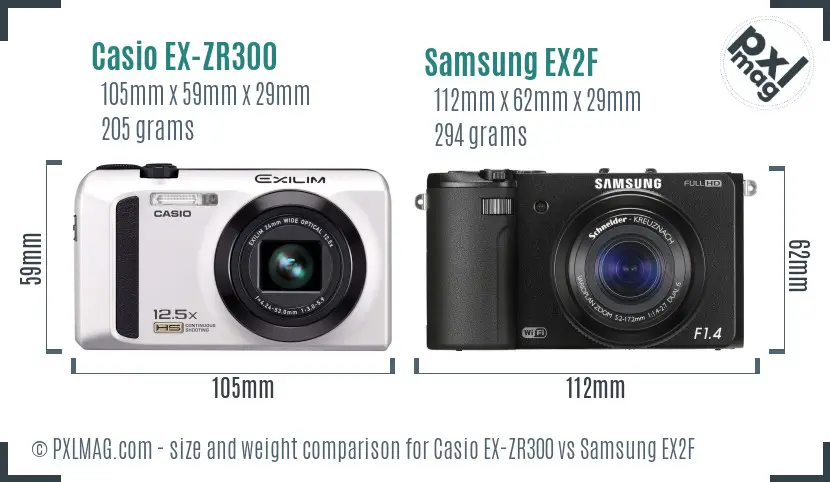 Casio EX-ZR300 vs Samsung EX2F size comparison