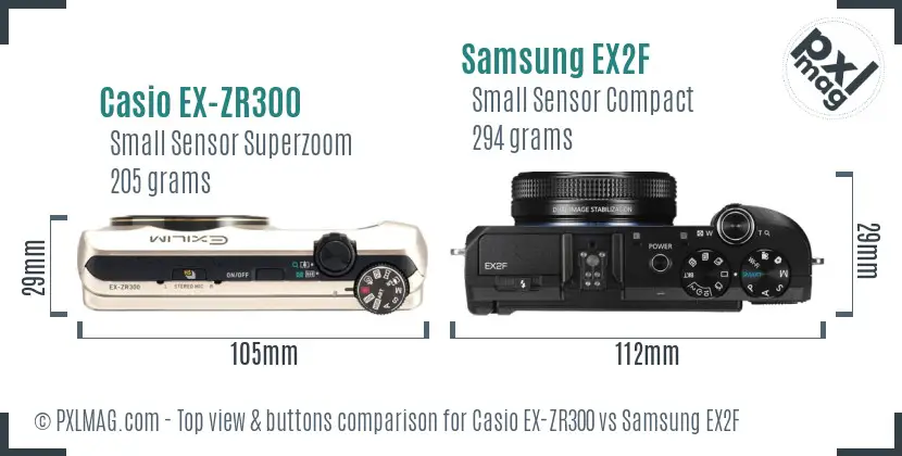 Casio EX-ZR300 vs Samsung EX2F top view buttons comparison