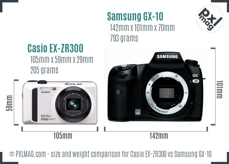 Casio EX-ZR300 vs Samsung GX-10 size comparison Casio EX-ZR300 vs Samsung GX-10 size comparison