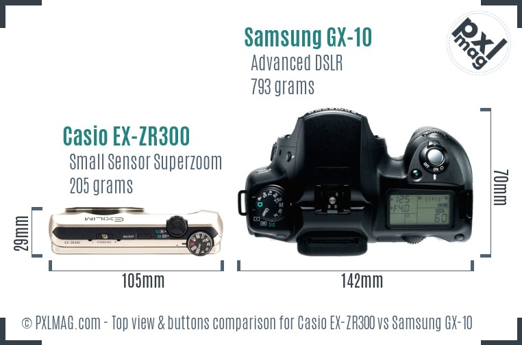 Casio EX-ZR300 vs Samsung GX-10 top view buttons comparison