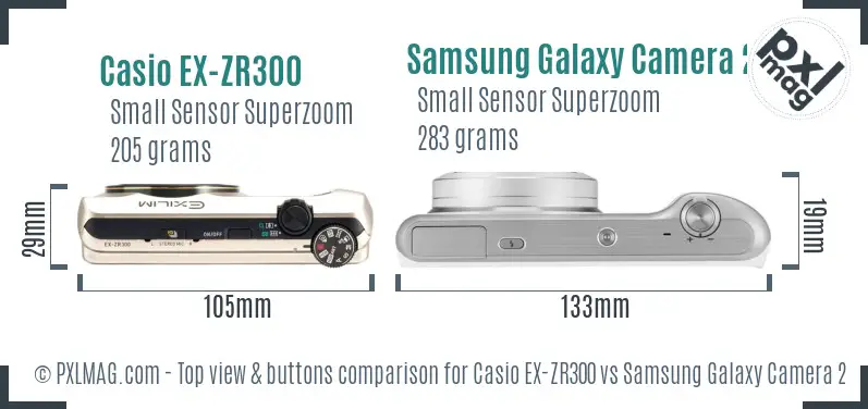 Casio EX-ZR300 vs Samsung Galaxy Camera 2 top view buttons comparison