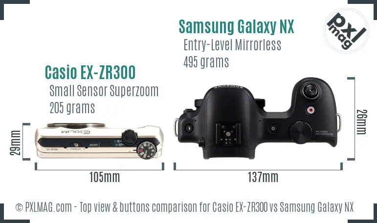 Casio EX-ZR300 vs Samsung Galaxy NX top view buttons comparison