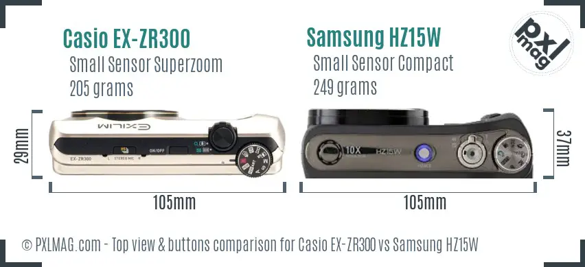 Casio EX-ZR300 vs Samsung HZ15W top view buttons comparison Casio EX-ZR300 vs Samsung HZ15W top view buttons comparison