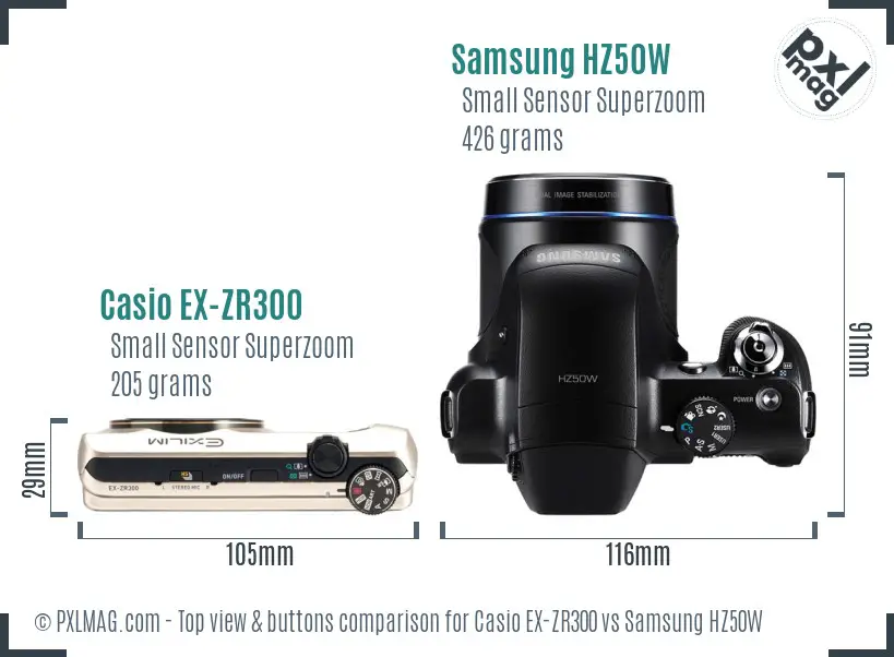 Casio EX-ZR300 vs Samsung HZ50W top view buttons comparison