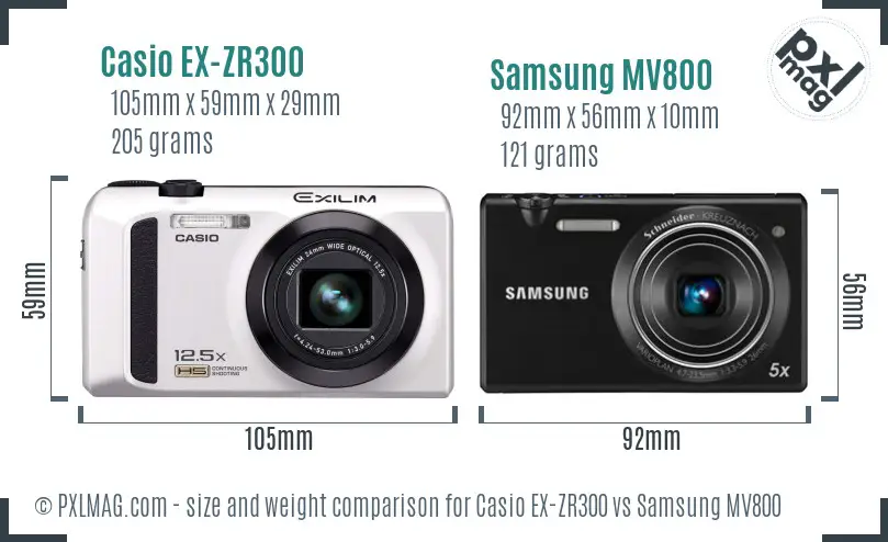 Casio EX-ZR300 vs Samsung MV800 size comparison