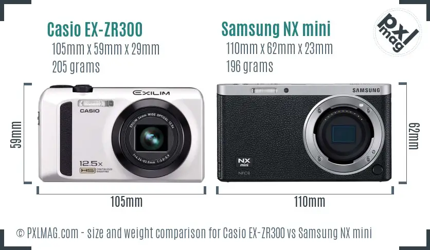 Casio EX-ZR300 vs Samsung NX mini size comparison