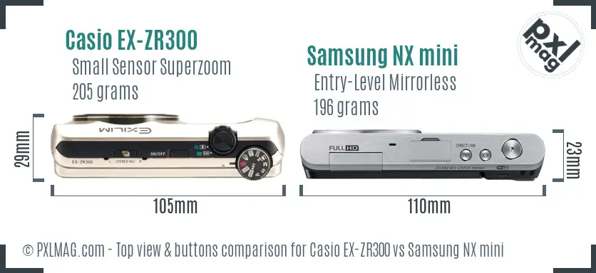 Casio EX-ZR300 vs Samsung NX mini top view buttons comparison