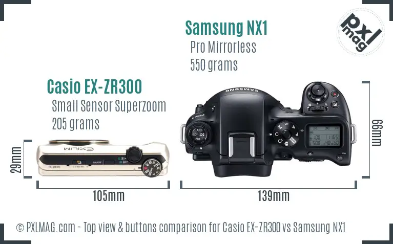 Casio EX-ZR300 vs Samsung NX1 top view buttons comparison Casio EX-ZR300 vs Samsung NX1 top view buttons comparison