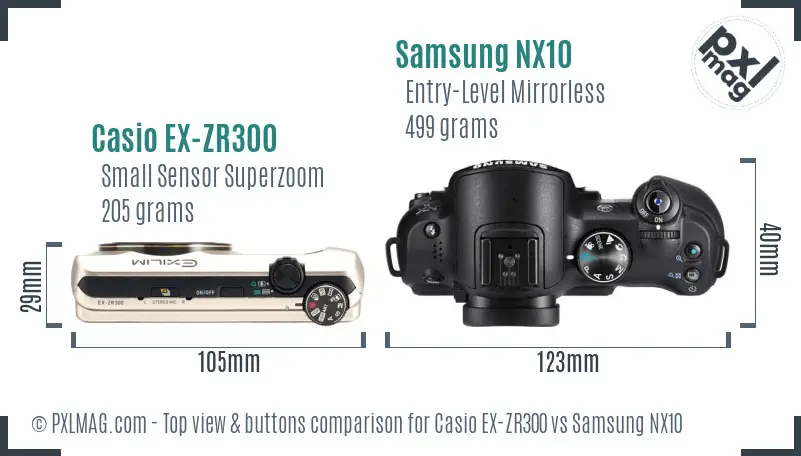 Casio EX-ZR300 vs Samsung NX10 top view buttons comparison