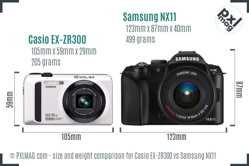 Casio EX-ZR300 vs Samsung NX11 size comparison Casio EX-ZR300 vs Samsung NX11 size comparison