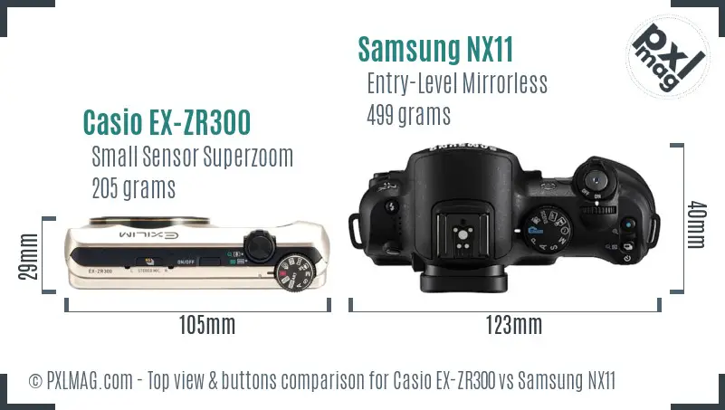 Casio EX-ZR300 vs Samsung NX11 top view buttons comparison Casio EX-ZR300 vs Samsung NX11 top view buttons comparison