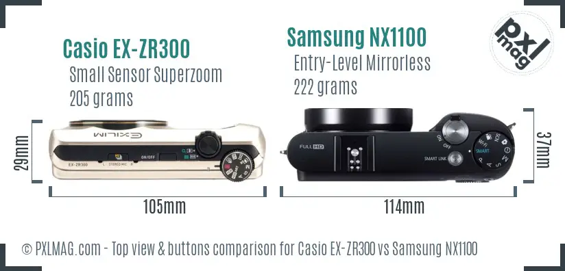 Casio EX-ZR300 vs Samsung NX1100 top view buttons comparison