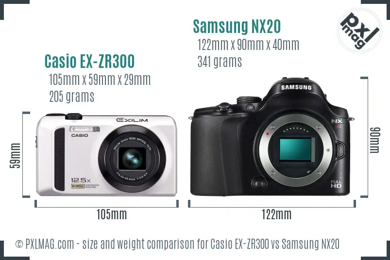 Casio EX-ZR300 vs Samsung NX20 size comparison
