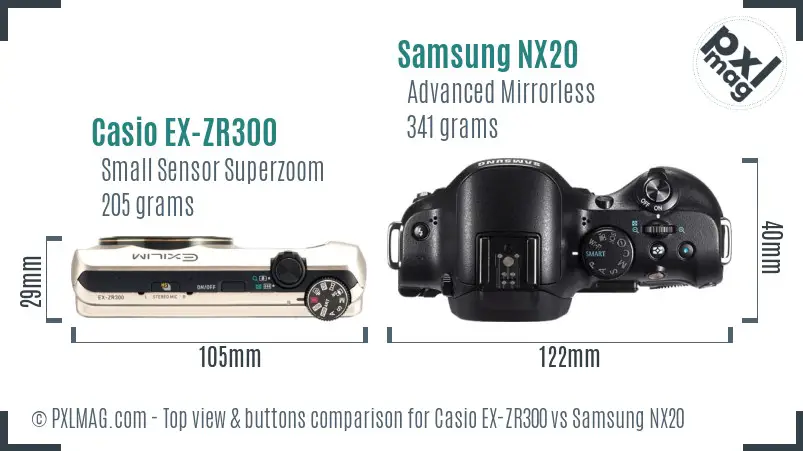 Casio EX-ZR300 vs Samsung NX20 top view buttons comparison Casio EX-ZR300 vs Samsung NX20 top view buttons comparison