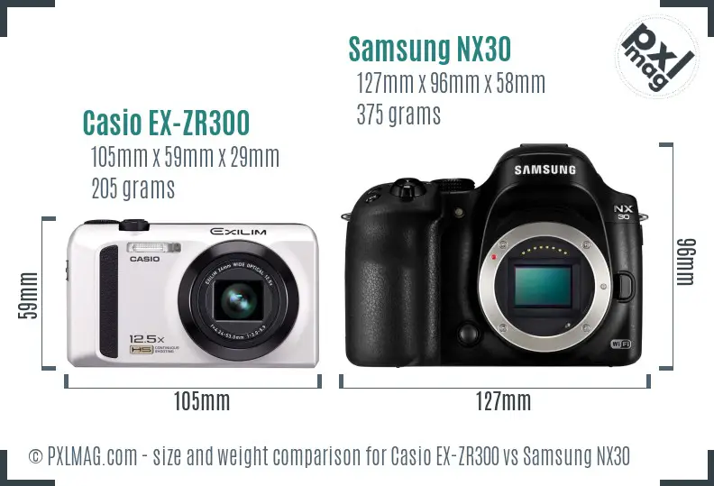 Casio EX-ZR300 vs Samsung NX30 size comparison