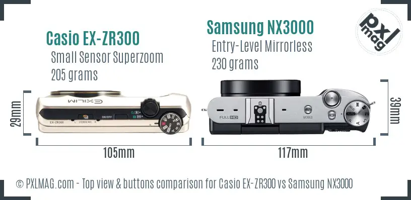 Casio EX-ZR300 vs Samsung NX3000 top view buttons comparison