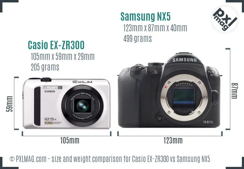Casio EX-ZR300 vs Samsung NX5 size comparison