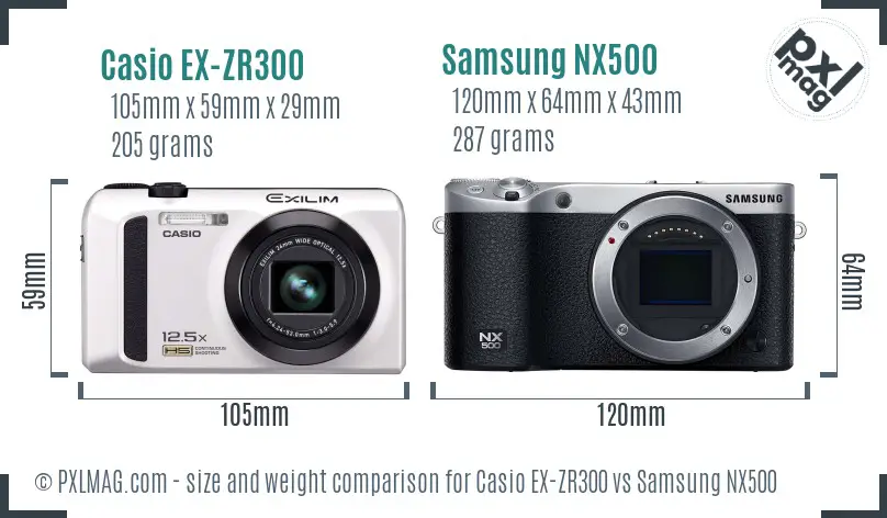 Casio EX-ZR300 vs Samsung NX500 size comparison Casio EX-ZR300 vs Samsung NX500 size comparison