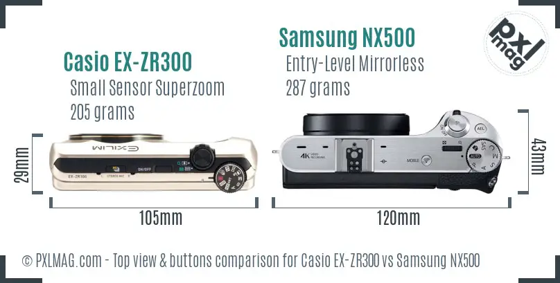Casio EX-ZR300 vs Samsung NX500 top view buttons comparison Casio EX-ZR300 vs Samsung NX500 top view buttons comparison