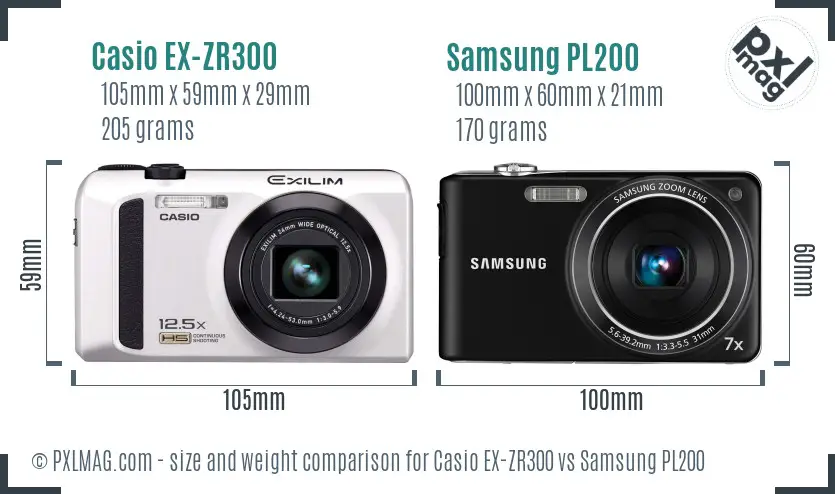 Casio EX-ZR300 vs Samsung PL200 size comparison