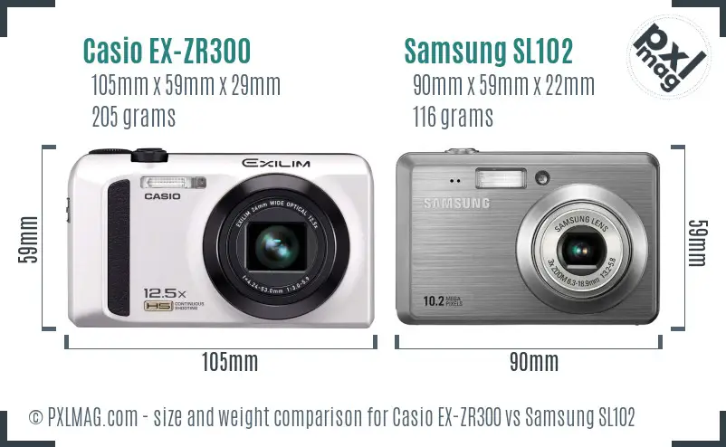 Casio EX-ZR300 vs Samsung SL102 size comparison
