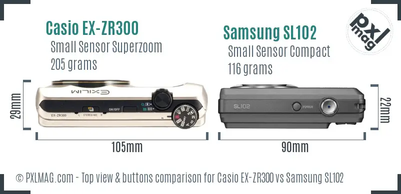 Casio EX-ZR300 vs Samsung SL102 top view buttons comparison
