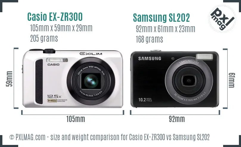Casio EX-ZR300 vs Samsung SL202 size comparison
