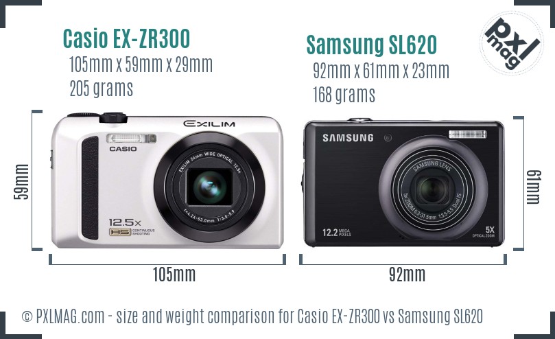 Casio EX-ZR300 vs Samsung SL620 size comparison