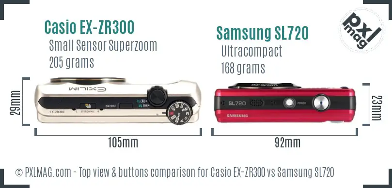 Casio EX-ZR300 vs Samsung SL720 top view buttons comparison