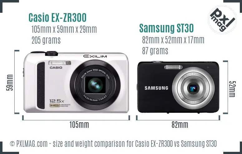 Casio EX-ZR300 vs Samsung ST30 size comparison