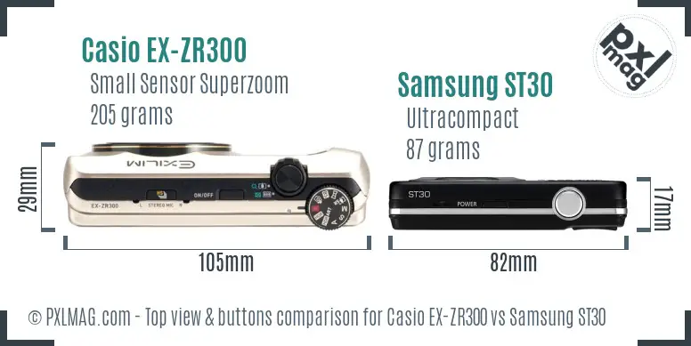 Casio EX-ZR300 vs Samsung ST30 top view buttons comparison