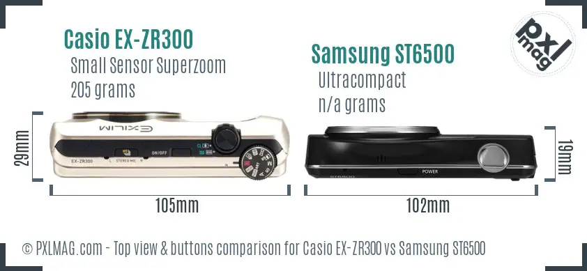 Casio EX-ZR300 vs Samsung ST6500 top view buttons comparison Casio EX-ZR300 vs Samsung ST6500 top view buttons comparison