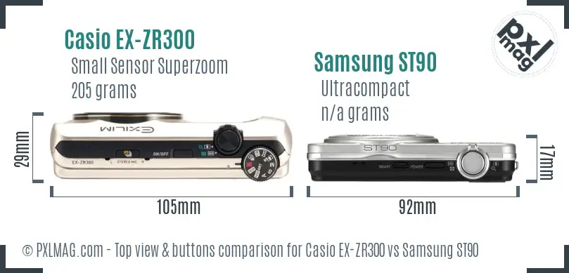 Casio EX-ZR300 vs Samsung ST90 top view buttons comparison Casio EX-ZR300 vs Samsung ST90 top view buttons comparison