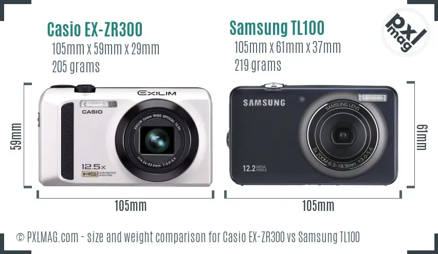 Casio EX-ZR300 vs Samsung TL100 size comparison