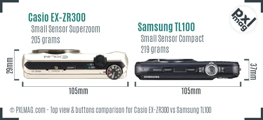 Casio EX-ZR300 vs Samsung TL100 top view buttons comparison