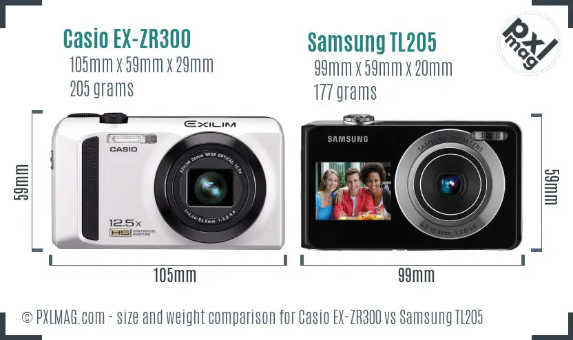 Casio EX-ZR300 vs Samsung TL205 size comparison