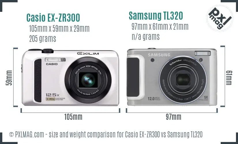 Casio EX-ZR300 vs Samsung TL320 size comparison
