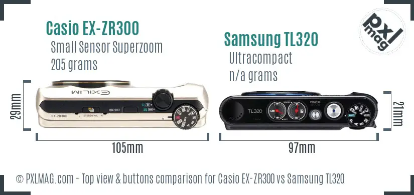 Casio EX-ZR300 vs Samsung TL320 top view buttons comparison Casio EX-ZR300 vs Samsung TL320 top view buttons comparison